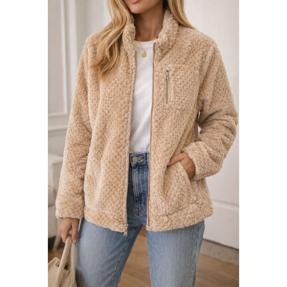 Calvin Klein Faux Fur Teddy Coat Zip Plush Fleece Jacket Beige L Cozy Soft